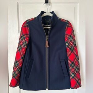 J. Crew Colorblock Shetland Wool Navy Jacket w Red Plaid Arms